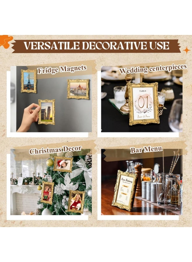 Bukela 4Pcs Vintage Mini Picture Frames for 2.5"x3.5" Wallet Size Picture DIY 4.5"x3.5" Magnetic Fridge Magnet Small Gold Ornate Photo Frame Antique Table Decor for Wedding Party Menu(Vintage) - Image 5